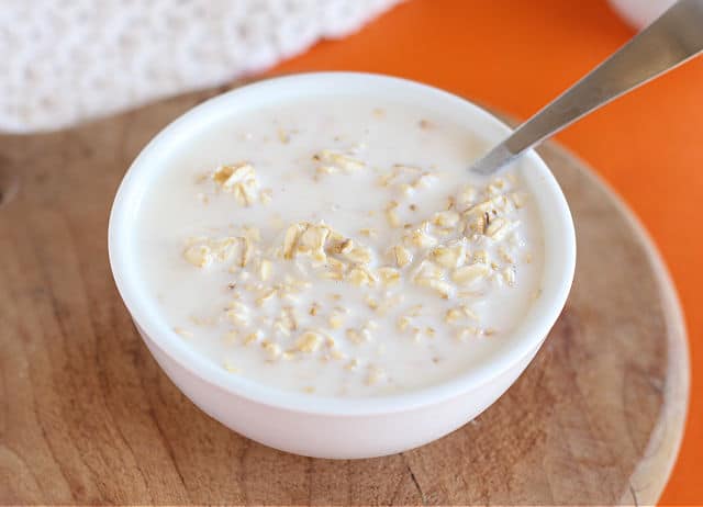 Overnight oatmeal in a white bowl 