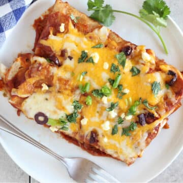 Top down view of two enchiladas topped with cilantro.