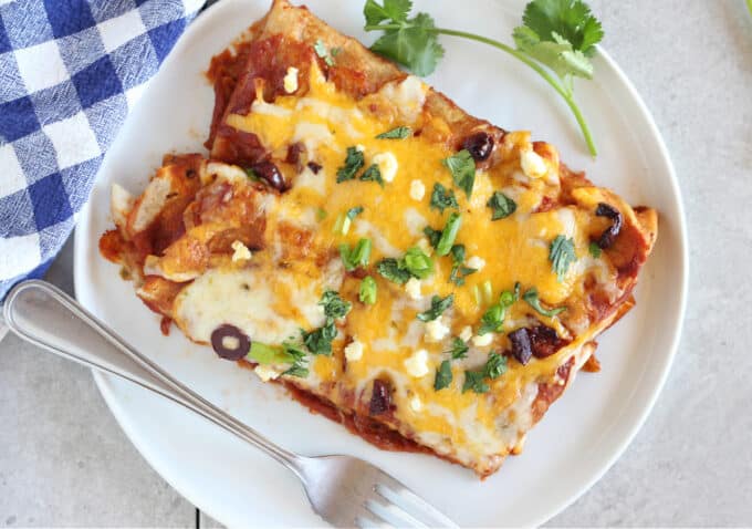 Top down view of two enchiladas topped with cilantro.