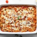 Baked cheesy pasta in a baking dish.