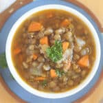 Top down view of lentil and vegetable soup.