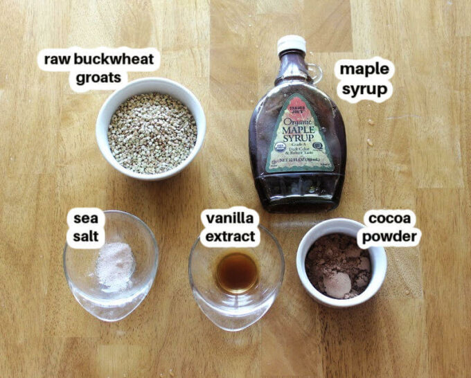 Chocolate buckwheat granola ingredients.