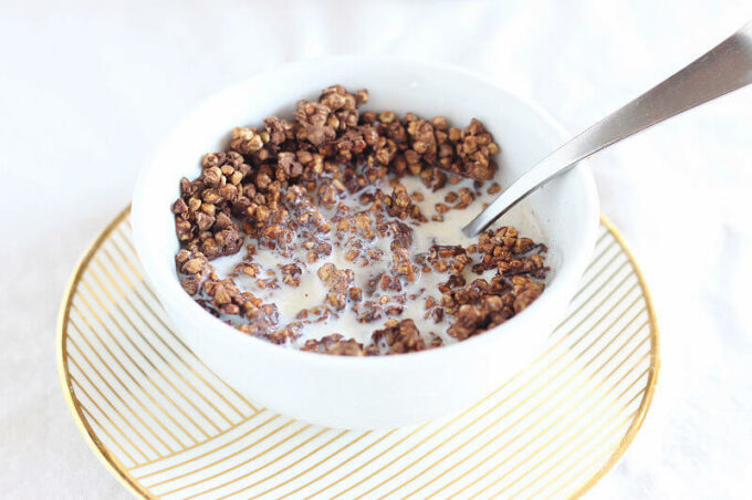 Chocolate granola in a bowl with a spoon.