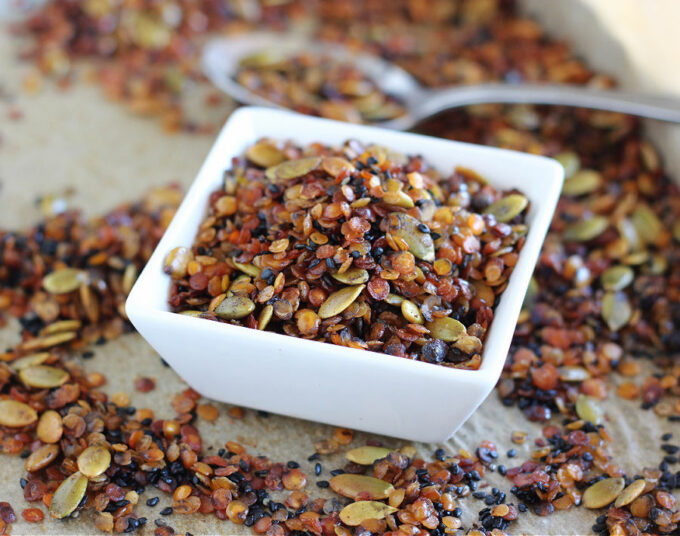 Bowl of granola in a white bowl.