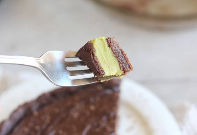Bite of chocolate mint pie on a fork.