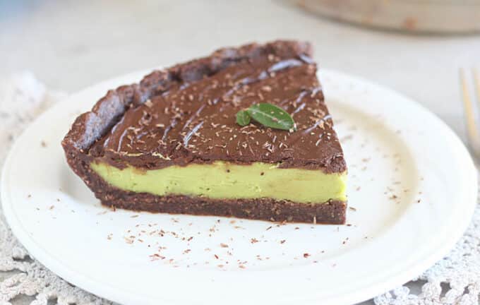 Slice of chocolate pie with a green filling.