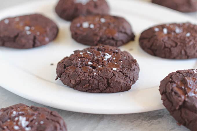 Chocolate fudge cookie on a white plate.