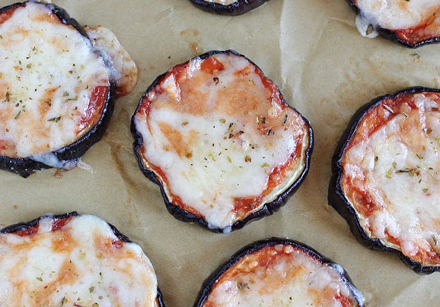 Eggplant pizza with tomato sauce and cheese