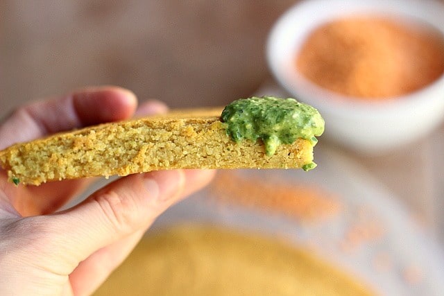 Curried Red Lentil Flatbread with Arugula Pesto (GF, Nut-Free) 3