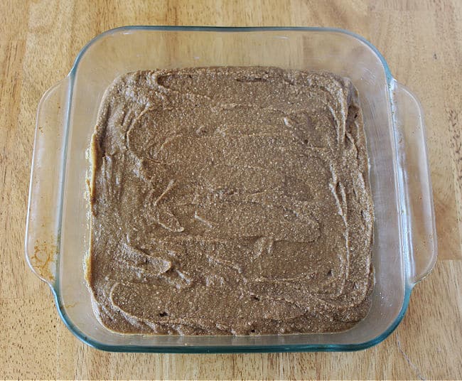 Unbaked batter in a glass baking dish.