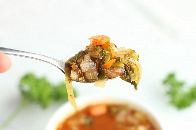 Low calorie cabbage soup on a spoon