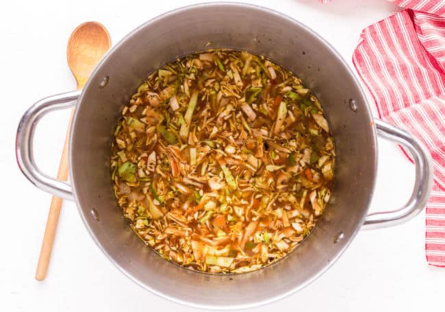 Uncooked cabbage soup in a large pot.