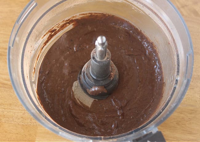 Chocolate muffin batter puree in a food processor.