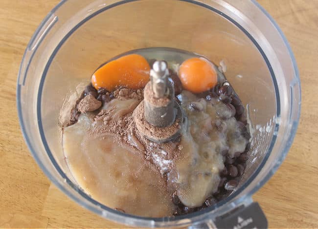 Beans, eggs, and applesauce in a food processor.