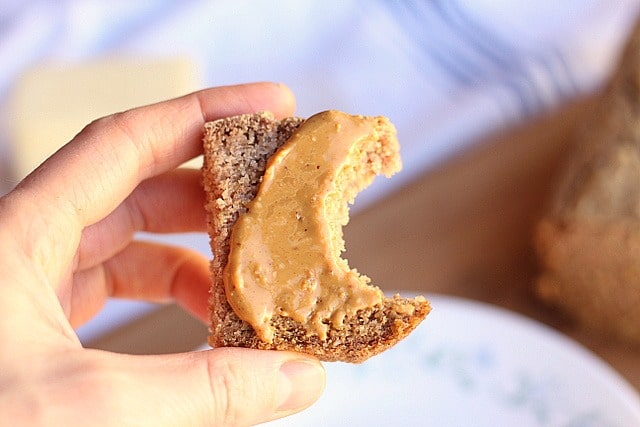 Buckwheat bread slathered with peanut butter