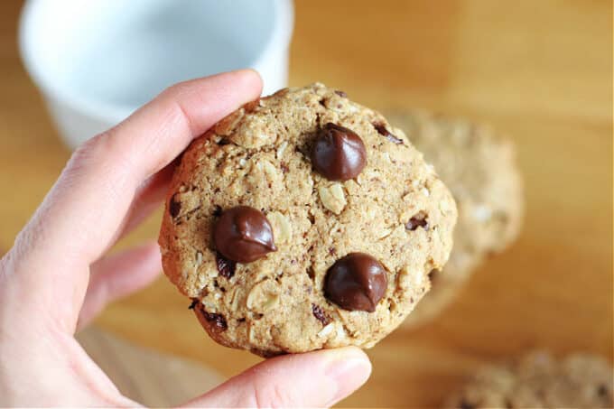 Hand holding a cookie with chocolate chips.