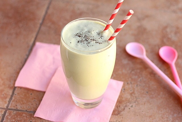 Healthy Vanilla Avocado Milkshake sitting on a pink napkin