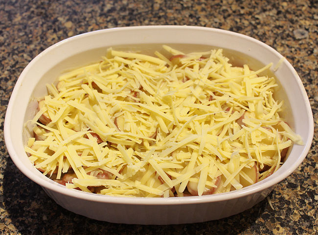 Raw grated cheese on top of potatoes in a casserole dish.