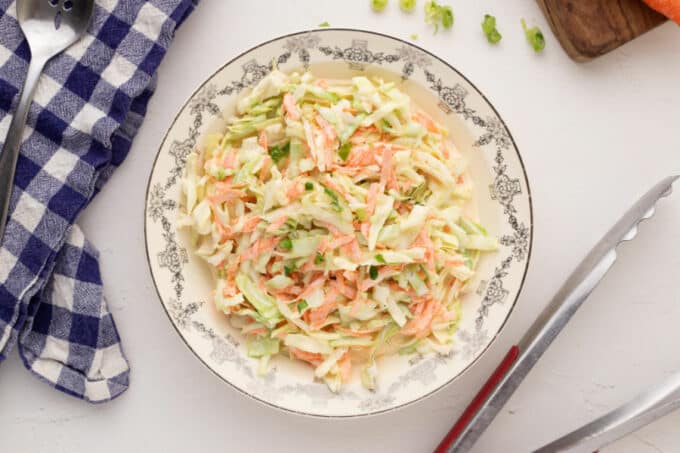 Overhead shot of a bowl of coleslaw.