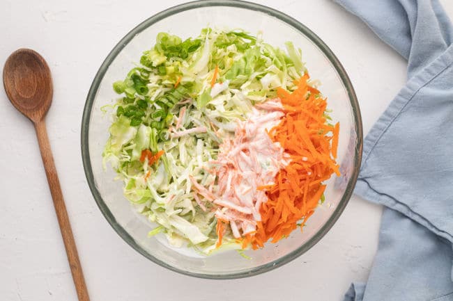 Cabbage, carrots, and scallions in a bowl.