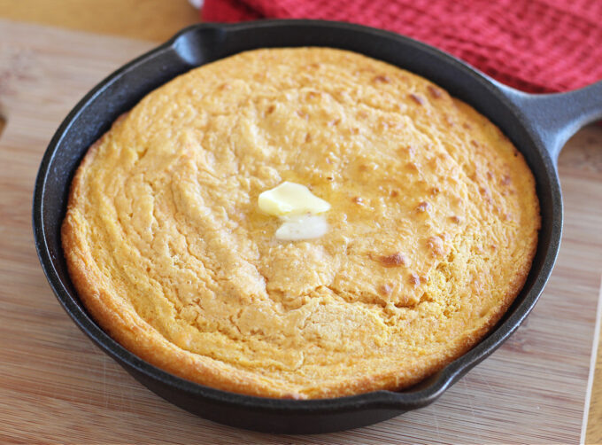 Cornbread in a cast iron skillet.