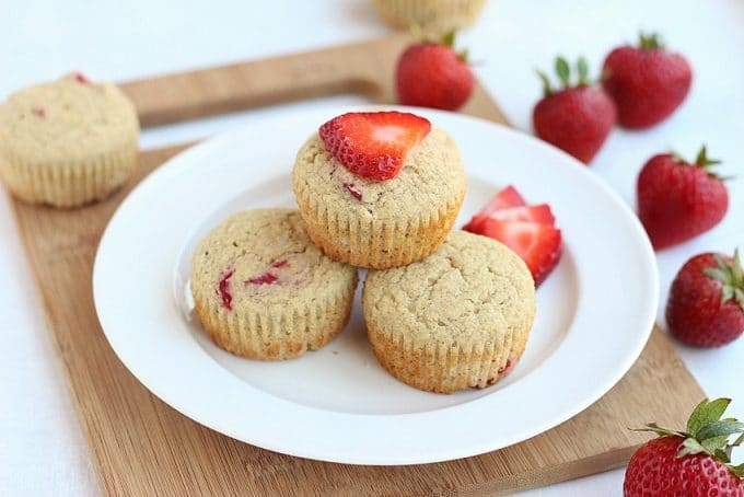 Gluten-Free Strawberry Muffins on a white plate.