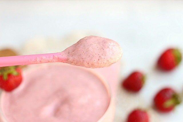 Strawberry shake on a spoon.