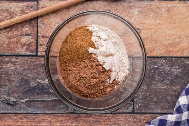Flour, cocoa, sugar, and salt in a bowl.