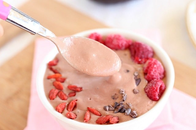 Chocolate raspberry breakfast smoothie in a bowl