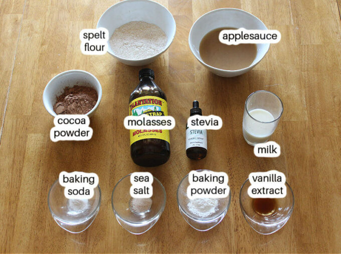 Ingredients for brownies on a wooden table.