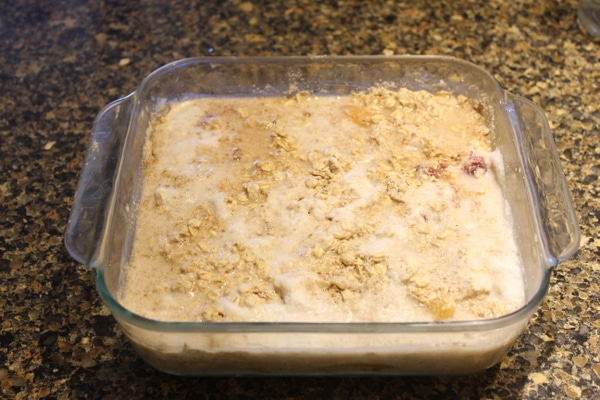 Peaches and berries with oatmeal and milk on top.