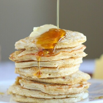 Stack of oatmeal pancakes high in protein.