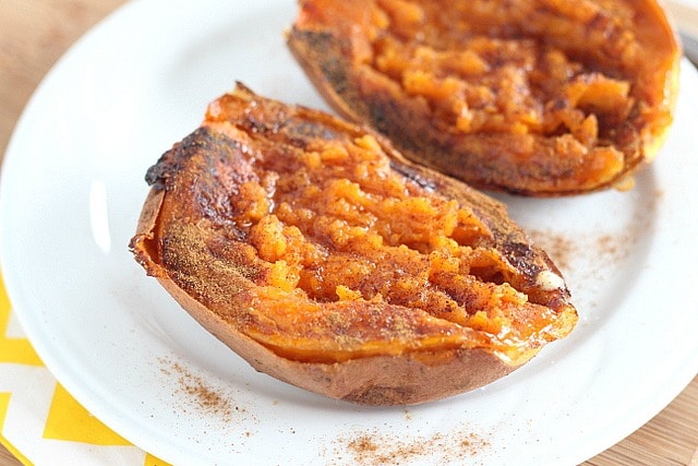 Fast baked sweet potato with maple syrup