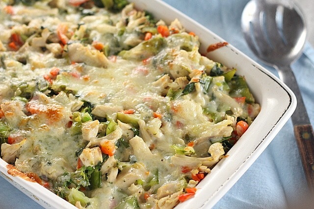 Turkey casserole made with rice, vegetables, and cheese