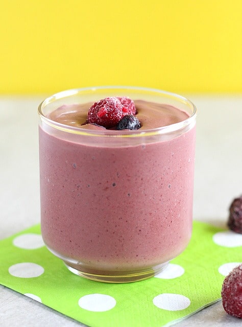 Chocolate almond butter and berries blended into a smoothie