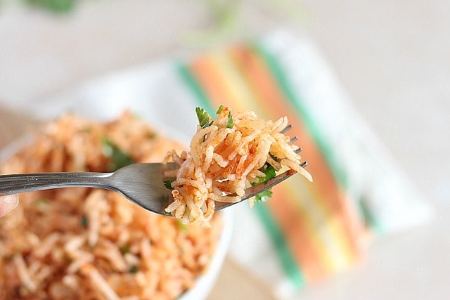 Fluffy forkful of Mexican rice made in the Instant Pot