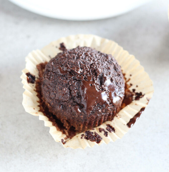 Healthy chocolate muffin in a muffin wrapper.