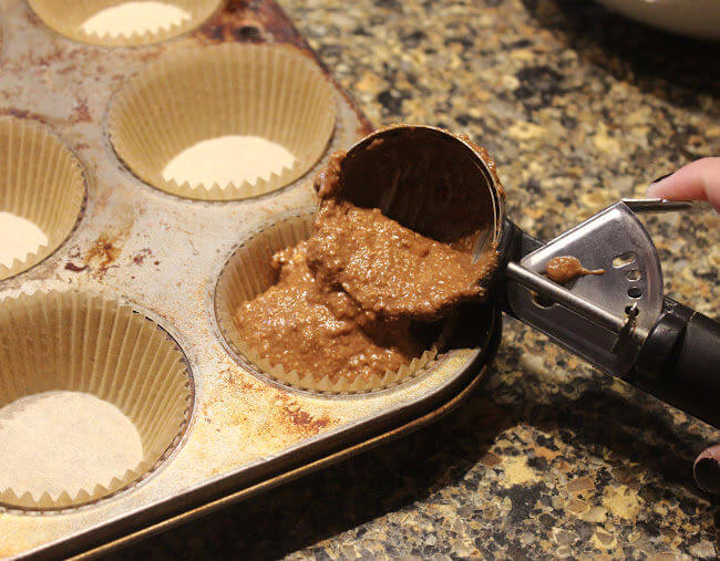 Cookie scoop with muffin batter.