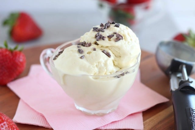Low sugar vanilla ice cream made with coconut milk and honey