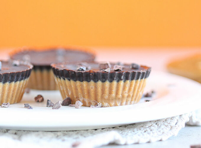 Two-layer peanut butter cup with chocolate on top.