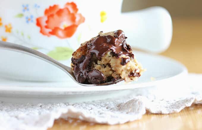 Bite of chocolate chip cake on a spoon.