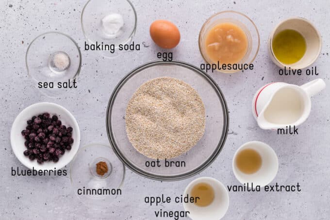 Ingredients for oat bran muffins laid out on a table.