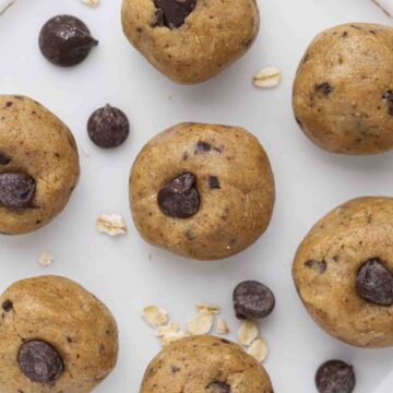 Cookie dough balls on a plate.
