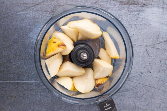 Pears in a food processor.