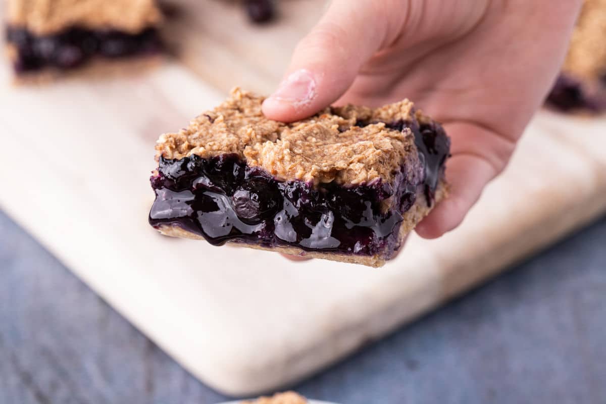 Hand holding a blueberry bar.