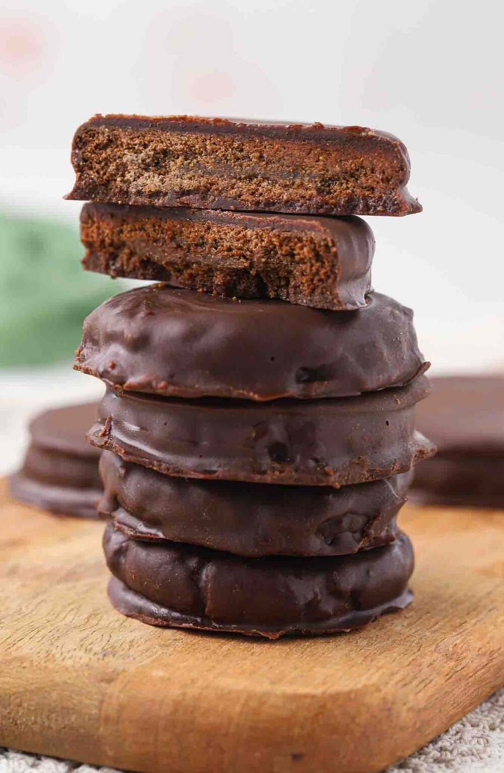 Stack of homemade thin mint cookies.