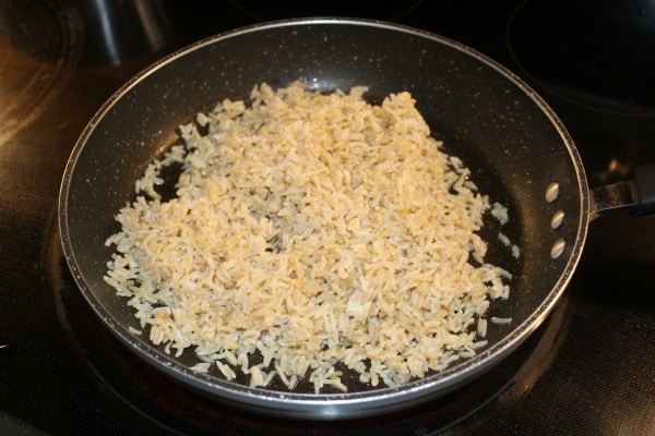 Cooked brown rice in a pan