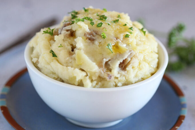 Close-up of a bowl of mashed potatoes.