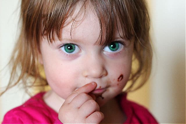 Child eating a healthy chocolate muffin