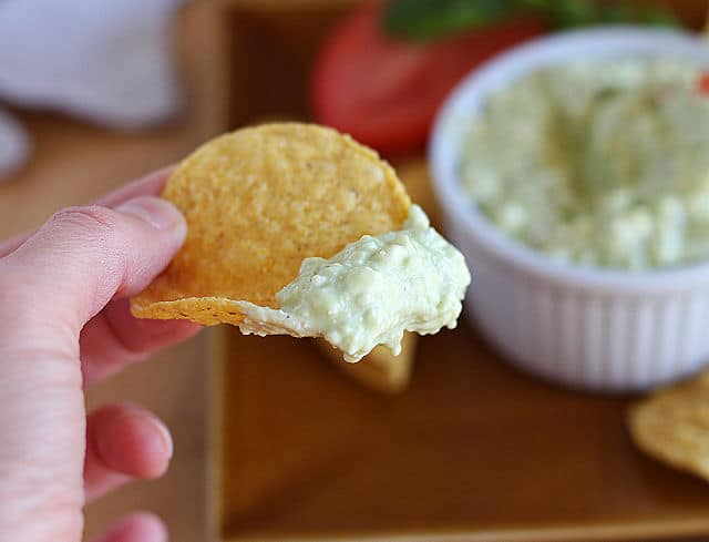 High protein guacamole dip on a chip
